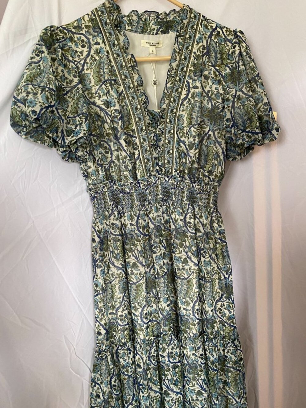 Max Studio Blue & Green Floral Print Midi Dress S Smocked Waist & Puff Sleeve